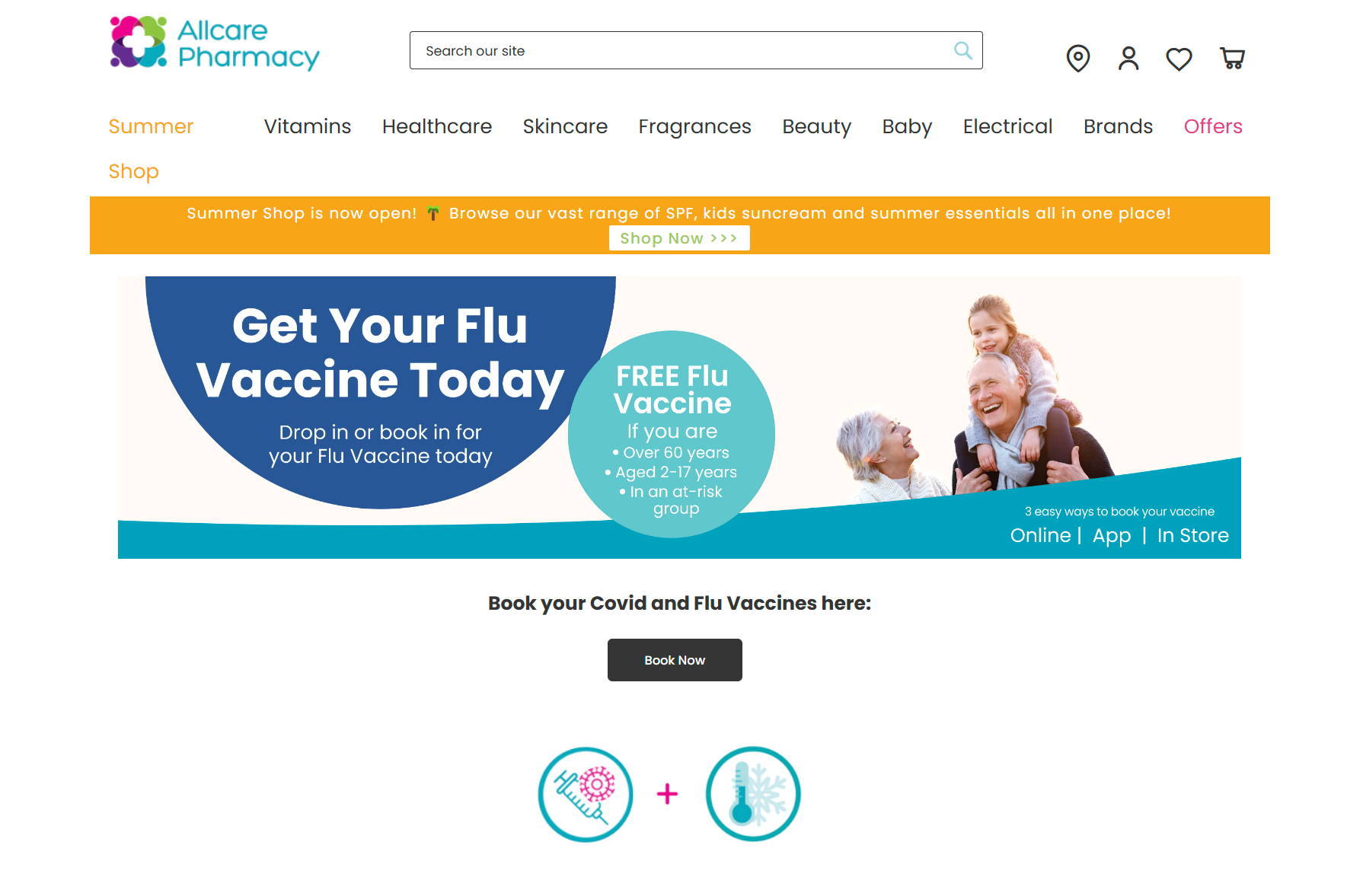 Allcare Pharmacy homepage for booking a free flu vaccine and private COVID vaccine.